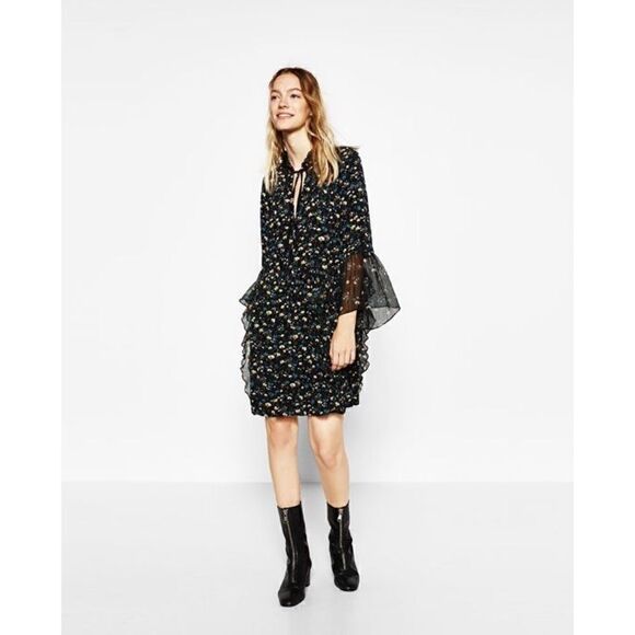 ZARA Floral Printed Lace Mini Long Sleeve Dress with Frills - Picture 1 of 11